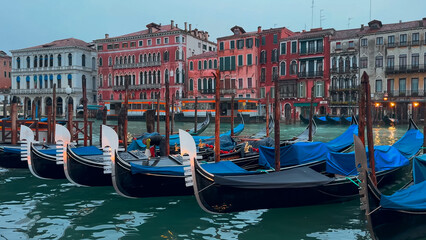 Medieval houses, narrow canals, bridges, gondolas in Venice, Italy, February 10, 2024. High quality...
