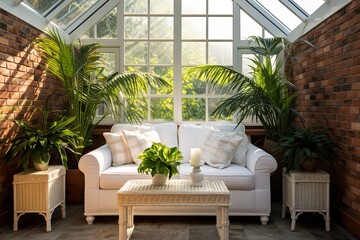 Sunny Conservatory: Exposed Brick Wall Designs with Green Plants and White Furniture
