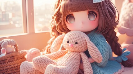 An adorable animated doll with large eyes cuddles a plush bunny - obrazy, fototapety, plakaty