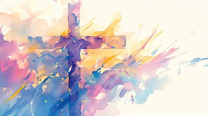 An abstract watercolor painting featuring a cross amidst colorful splashes