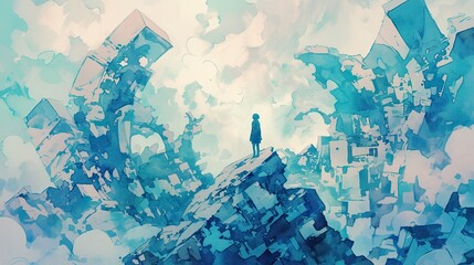 A solitary figure stands amid a surreal landscape of floating blue-hued geometric shapes