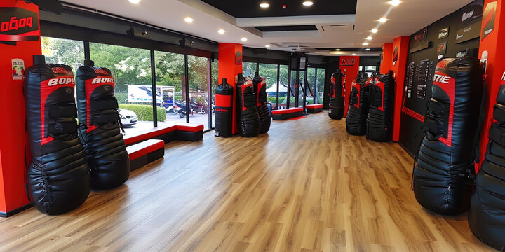 Boxing halls with boxing bags and ring, where athletes train and prepare for the upcoming fight