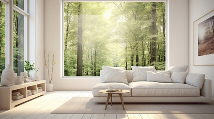 A bright and airy living room with a blank white empty frame, capturing the tranquility of a sunlit forest scene through a large window.
