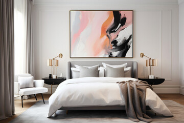 A contemporary bedroom space featuring an empty frame against a wall adorned with vibrant, expressive abstract artwork.