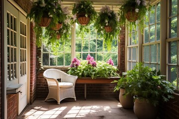 Sunny Country House Patio: Lush Fern and Orchid Hanging Baskets