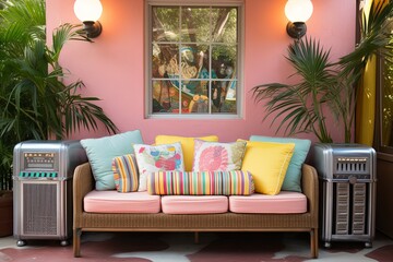 Sunny Patio Oasis: Classic Jukebox Decor, Outdoor Seating, and Pastel Cushions