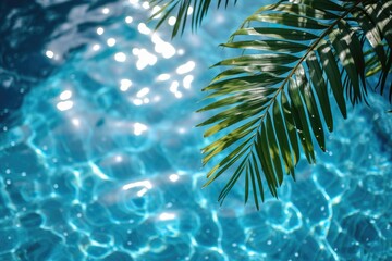 Fototapeta na wymiar Blue rippling water surface with palm leaves