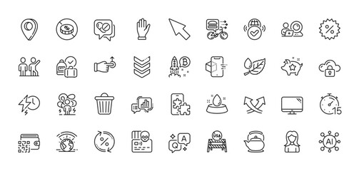 Teamwork, Difficult stress and Charging time line icons pack. AI, Question and Answer, Map pin icons. Discount, Cyber attack, Hand web icon. Teapot, Intersection arrows, Graph chart pictogram. Vector