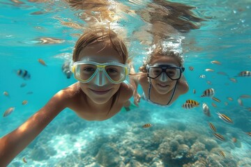 Naklejka premium Happy children swimming underwater in snorkeling masks