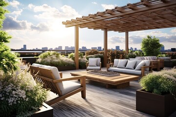 Fototapeta na wymiar Sunny Rooftop Bliss: Cascading Waterfalls and Modern Seating Oasis