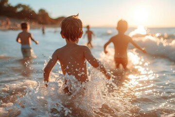 Children playing on beach in splashing water