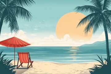 Illustration of tropical beach with sun and palms