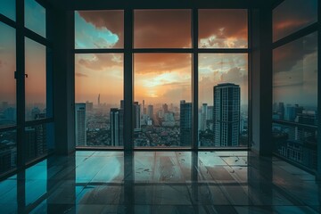 A serene view from inside a high-rise building overlooking a city bathed in the warm glow of sunset