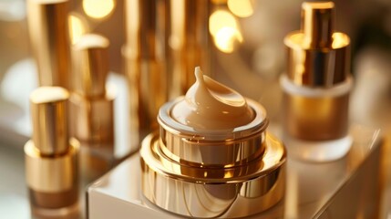 Fototapeta na wymiar Skincare cosmetics, face cream moisturiser jar, golden serum emulsion bottles, beauty product close-up