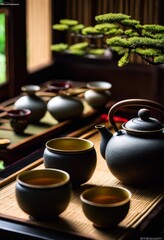 Obraz na płótnie Canvas illustration, unlocking secrets traditional japanese tea journey through zen gardens, ancient, asia, beauty, cultural, discover, discovery, enlightened, enlightening, explore