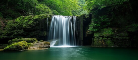 Fototapeta na wymiar Serene green waterfall in a lush forest setting surrounded by vibrant nature