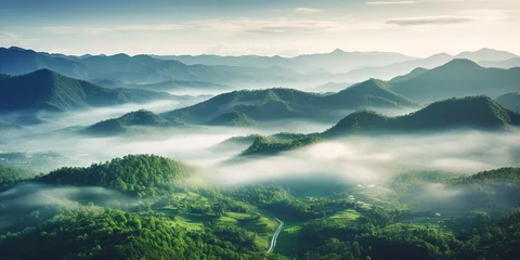 Foto op Canvas Beautiful green mountain landscape with morning sunrise sky and fog. Aerial view of green trees in tropical mountain forests and fog in winter. Nature scene of trees. Green environment background. © Svitlana