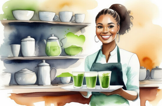 smiling black female barista with three glasses of green matcha tea on tray, watercolor illustration