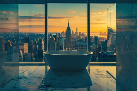 Fototapeta A serene sunrise over New York, as seen from a high-rise apartment with a posh, freestanding bathtub