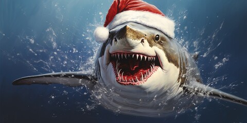 On a crisp christmas morning, a mischievous shark dons a festive santa hat, its fins and fangs...