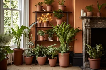 Fototapeta na wymiar Terracotta Pot Oasis: Lush Fern and Orchid Displays in an Art Deco Room