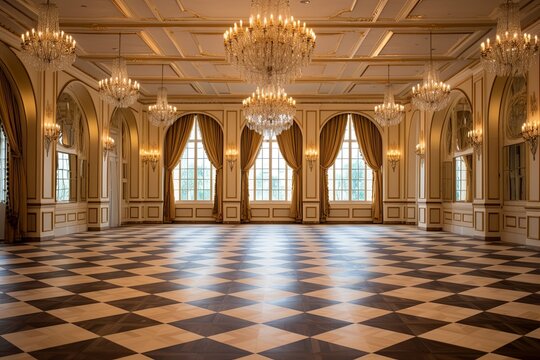 Opulent Ballroom: Traditional Checkerboard Floors & Golden Mirrors