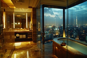 Opulent bathroom interior with modern amenities and a stunning view of the city's skyline and lights at dusk