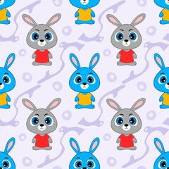 Seamless pattern with blue and gray hares in a singlet and elements of geometric shapes on a light background.