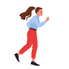 Girl in casual clothes running fast, side view. Active young woman jogging, busy female office worker walking in hurry to be on time at work, run motion of lady in sneakers cartoon vector illustration