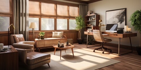Fototapeta premium This cozy den is an inviting space filled with stylish furniture, including a hardwood desk and chairs, perfect for relaxing, working, or simply admiring the warm, creative design of the room from it