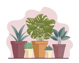 Flat Illustration House Flowers In Pot With Pink Background