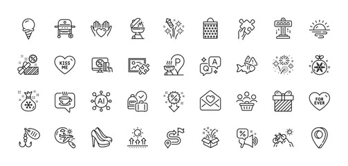 Sunrise, Fish and Love letter line icons pack. AI, Question and Answer, Map pin icons. Gift, Christmas ball, Puzzle web icon. Santa sack, Fishing lure, Mountain bike pictogram. Vector