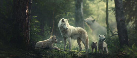 Lobo albino e seus filhotes na floresta - Papel de parede
