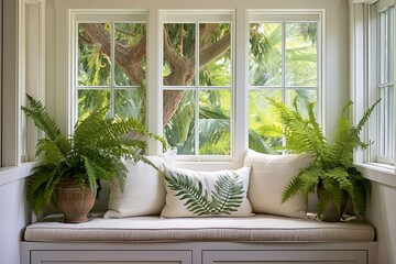 Fototapeta premium Tropical Plant Decor: Green Ferns by Farmhouse Window Seat