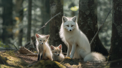 Raposa albina com dois filhotes na floresta  - Papel de parede - obrazy, fototapety, plakaty