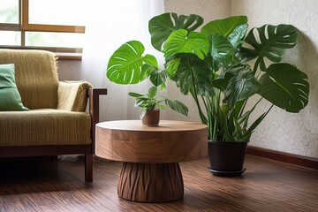 Tropical Plant Paradise: Mid-Century Room with Monstera Leaves by Wooden Coffee Table