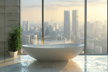 A solitary white freestanding bathtub offers a serene escape with a breathtaking view of the dense urban skyline during sunset