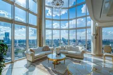 A spacious and opulent penthouse living room with a curved panoramic window overlooking a city skyline, filled with natural light and high-end furniture