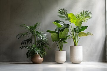 Tropical Plant Oasis: Minimalist Design with Large Leafy Greenery on Concrete Floor