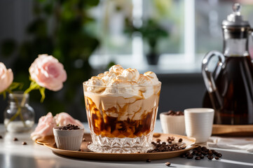 Creamy Ice Cream Coffee in a transparent glass, adorned with coffee beans, and glass coffee pot in the background. Horizontal, close-up, side view.