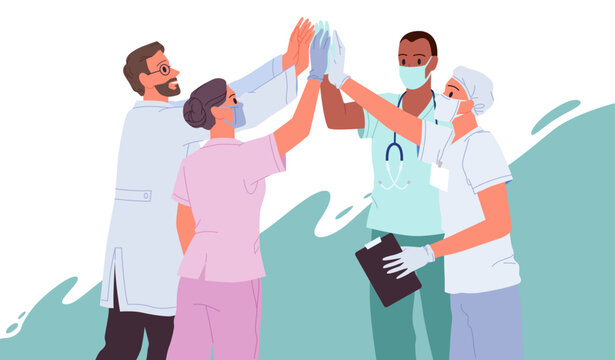 Happy doctors give high five. Hospital team of medics with medical uniform, masks and gloves giving mask and glove as symbol of surgical operation success, help and support cartoon vector illustration