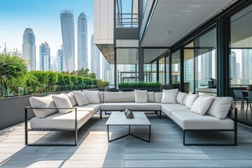 A beautifully designed patio space featuring trendy outdoor furniture and an impressive view of an urban skyline, signifying affluence