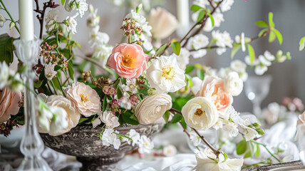 Obraz na płótnie Canvas Spring flowers in vintage vase, beautiful floral arrangement, home decor, wedding and florist design