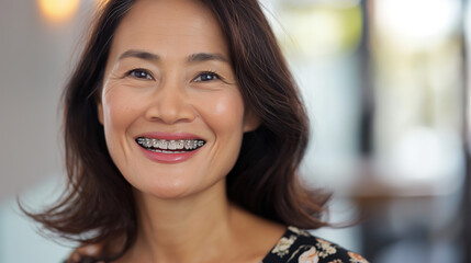 Face of a mid aged woman with braces on her teeth, copy space