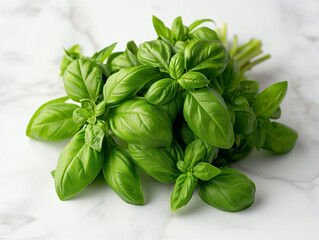 A bunch of fresh basil on a white table in the kitchen. macro photography, photorealism