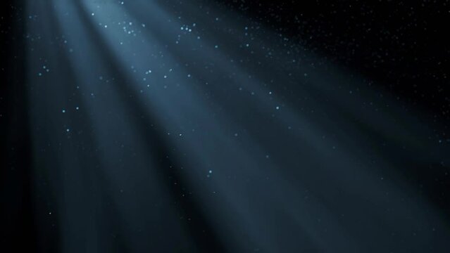 Light rays with floating flying glitter particles in air mist or steam, overlay special vfx ambient effect animation for atmospheric videos or underwater scenes. 