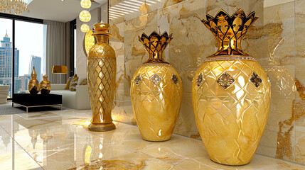 Fleet bottles, placed against the background of an exquisite bathroom with marble floors and gol - obrazy, fototapety, plakaty