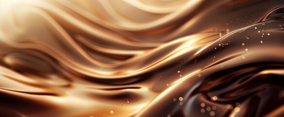 Luxurious melted chocolate background with gold sugar beads, evoking rich and indulgent sensations. - obrazy, fototapety, plakaty