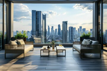 Chic modern living space with floor-to-ceiling windows showcasing a breathtaking city skyline and plush seating for a luxurious indoor experience - obrazy, fototapety, plakaty