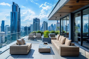 Bright and airy urban terrace commanding stunning vistas of a contemporary cityscape, furnished for luxurious comfort and outdoor living